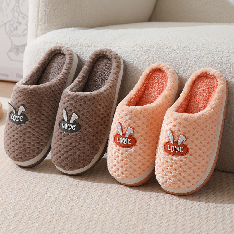 Cute Rabbit Plaid Design Home Slippers Winter Warm Thick-soled Cotton House Shoes For Women Indoor Non-slip Solid Couple Plush Slipper