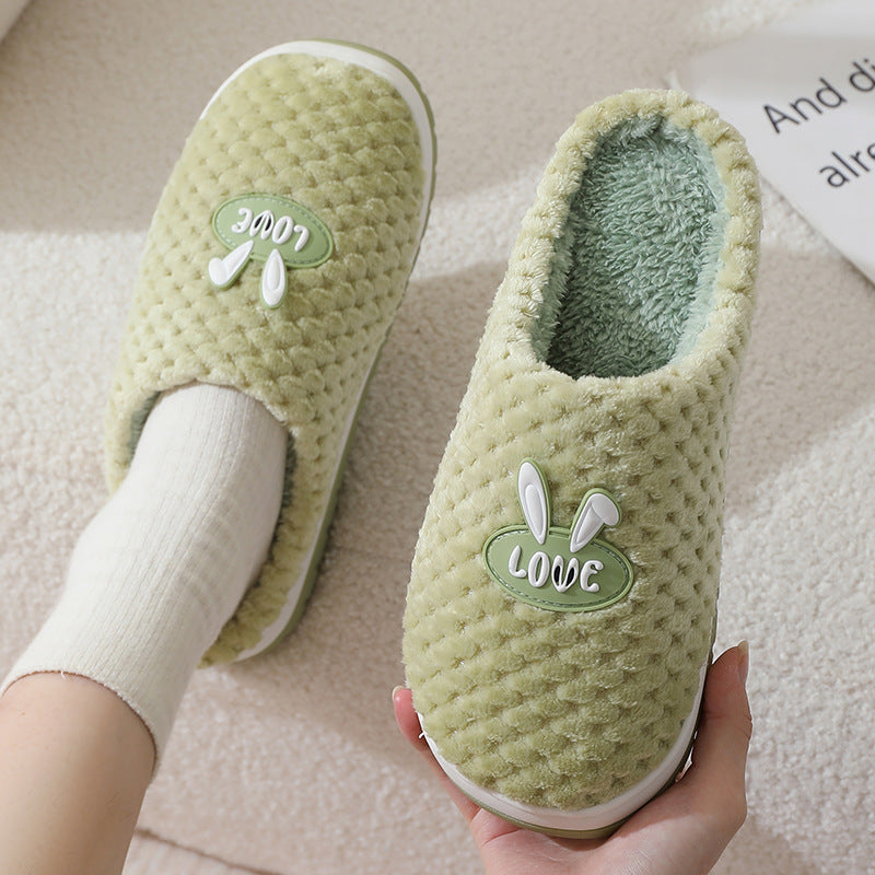 Cute Rabbit Plaid Design Home Slippers Winter Warm Thick-soled Cotton House Shoes For Women Indoor Non-slip Solid Couple Plush Slipper